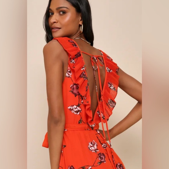 Lulu’s Loved By You Red Orange Floral Pleated Chiffon Maxi - Picture 4 of 13